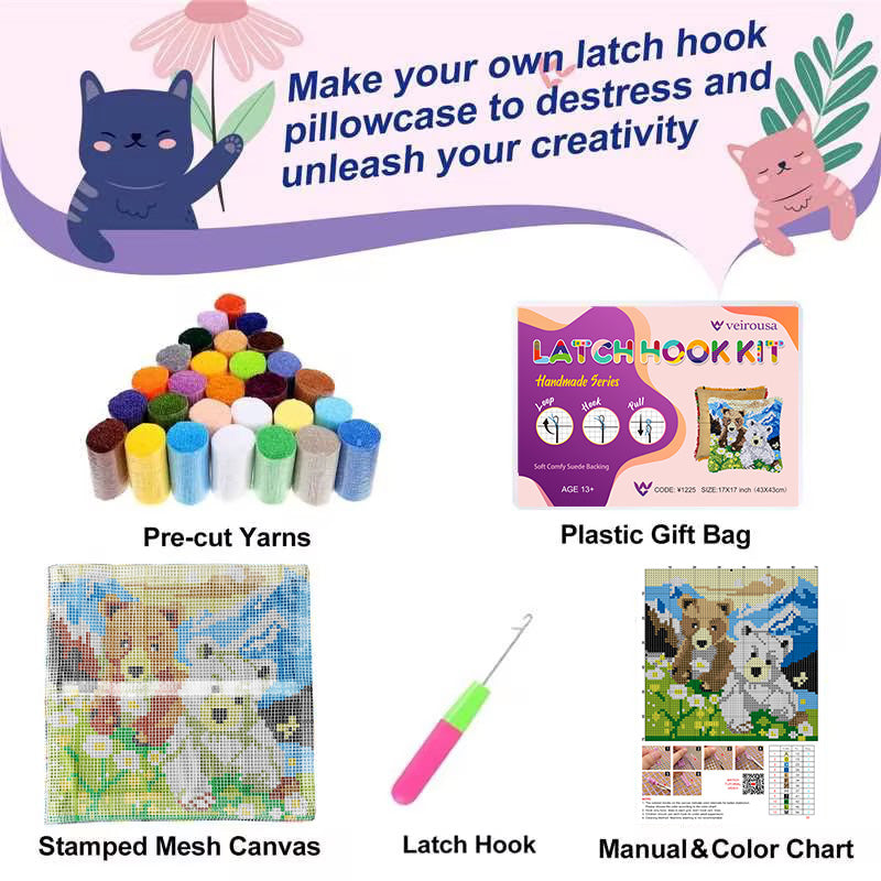 Brown & White Bears Latch Hook Pillow Kit