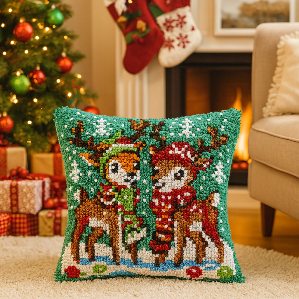 Christmas Couple Deers Latch Hook Pillow Kit