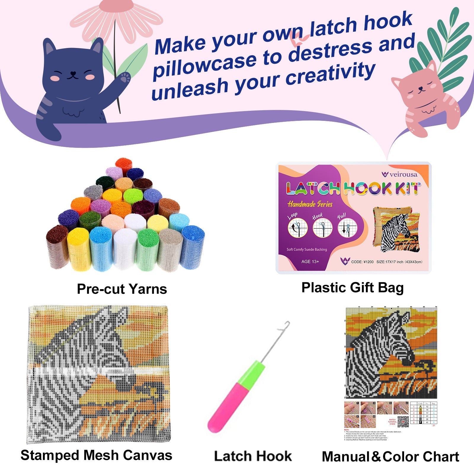 Zebra Latch Hook Pillow Kit