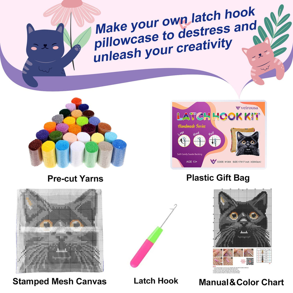 Veirousa Black Cat Latch Hook Pillow Kit Including Yarn, Tool, Printed Mesh Canvas, Instructions And Beautiful Package
