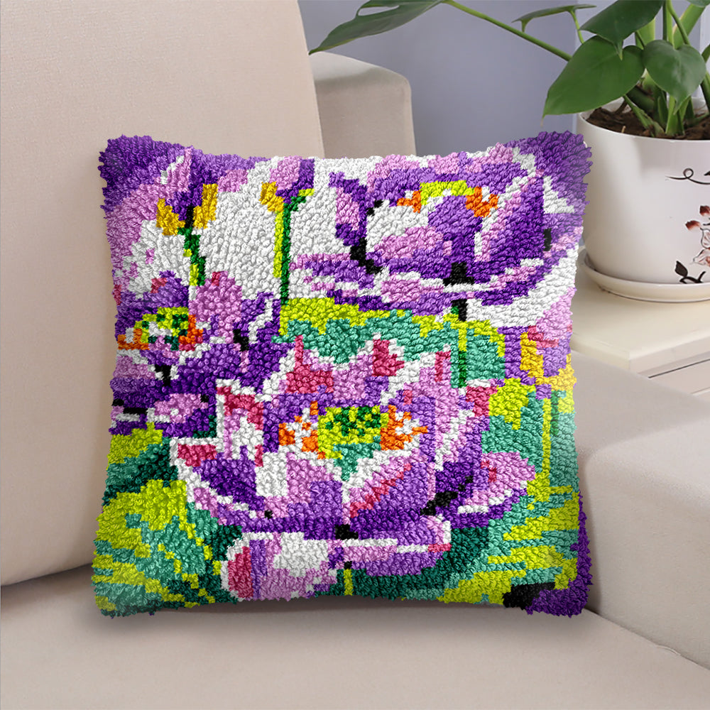 Veirousa Purple Lotus Flowers Latch Hook Pillow Kit