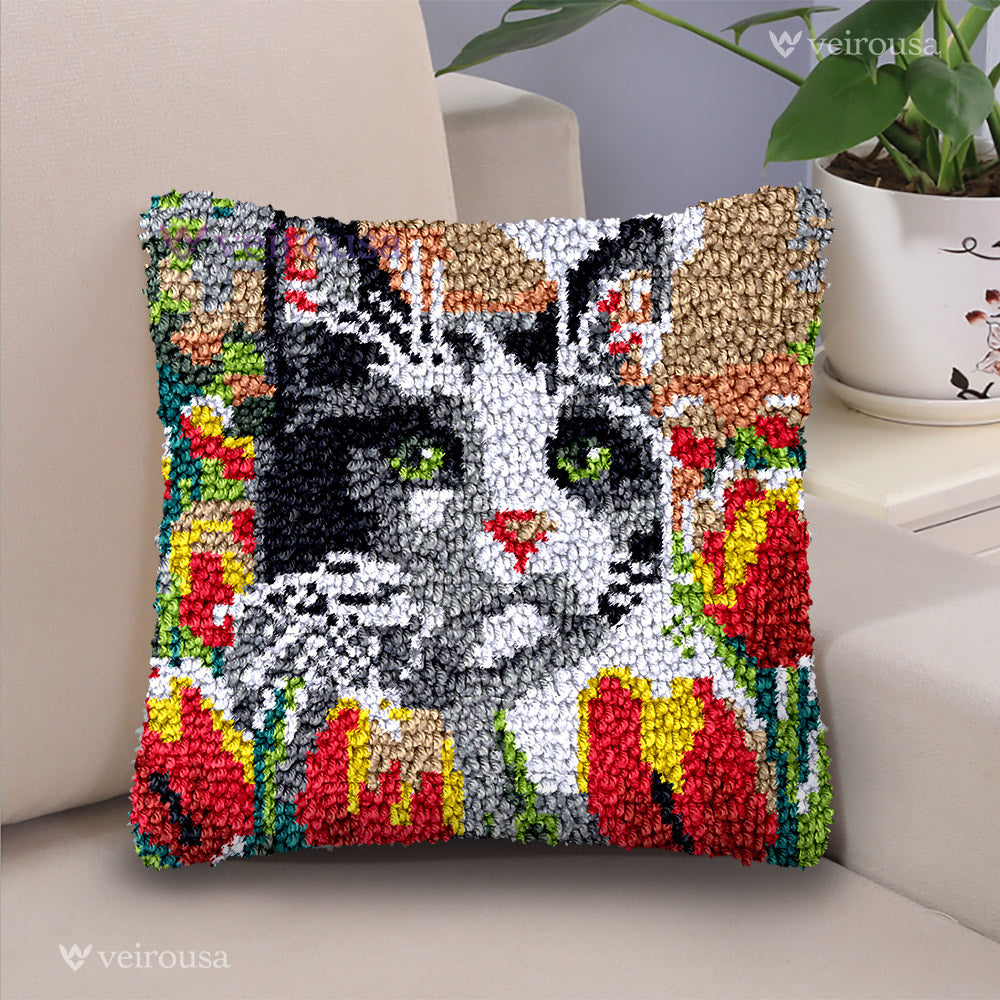 Veirousa Tulips and Cat Latch Hook Pillow Kit